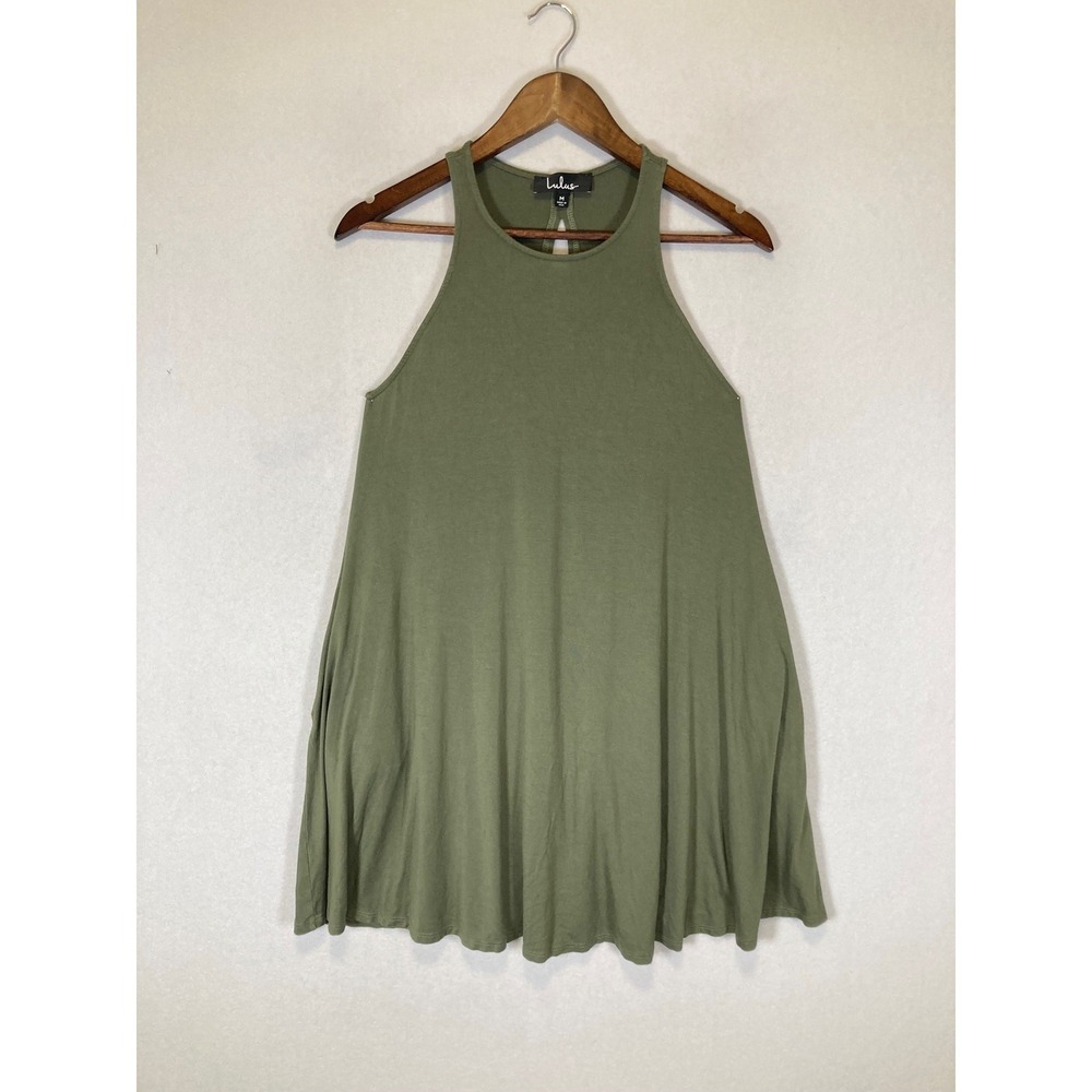 Boho Lulus Womens Medium Olive Green High Neck Keyhole Back Pocket Swing Dress